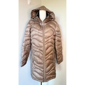 Andrew Marc Down Puffer Coat XL Long Taupe Metallic 650 Fill Hooded Packable